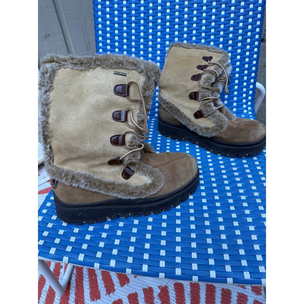 Sketchers Outdoor Tan Suede Faux Fur Trim‎ Winter Boots Lug Sole 45708 Womens 10